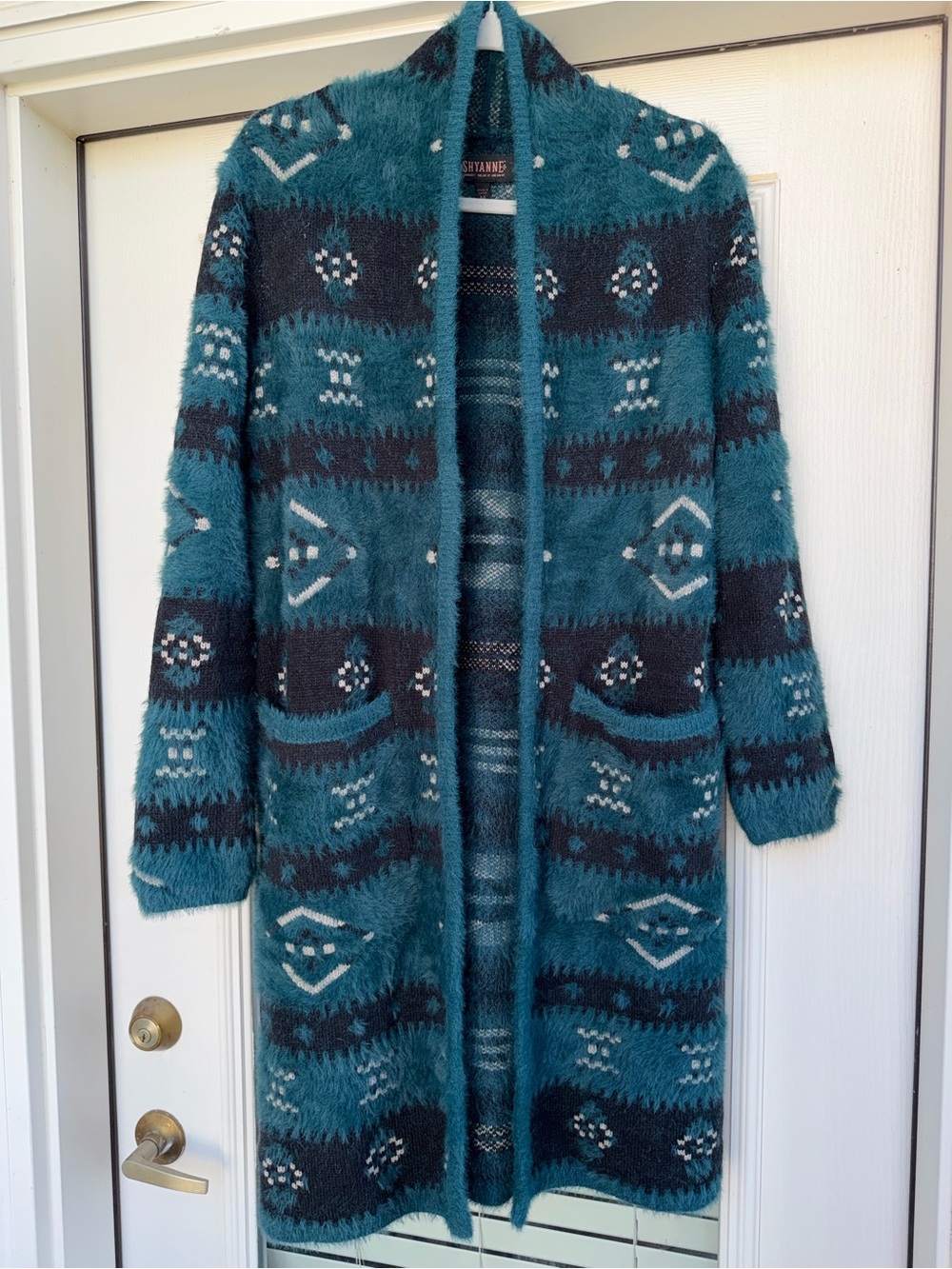 Shyanne Cozy Teal Patterned Open-Front Long Cardigan Sweater